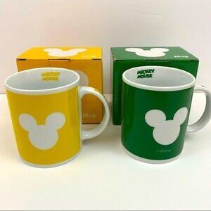 Disney Mickey Mouse Spellout Green Yellow Mug Cup Set Mickey Ears Silhouette